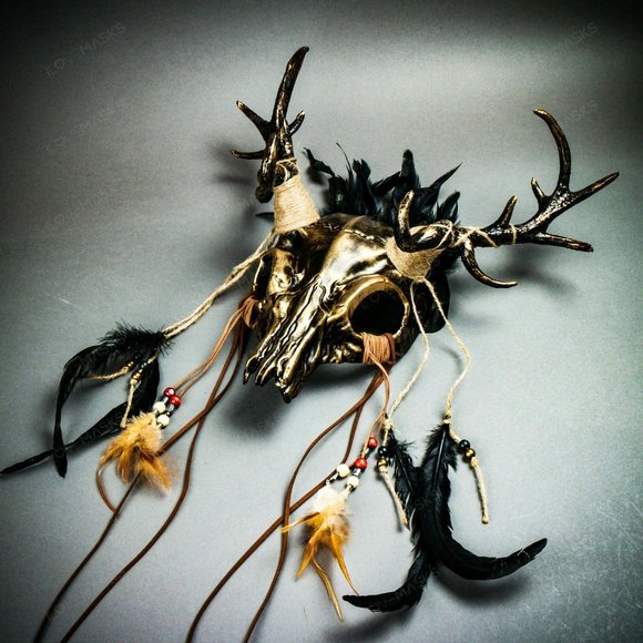 GOLD Antelope Devil Deer Horn Skull Masquerade NEW - Picture 3 of 10